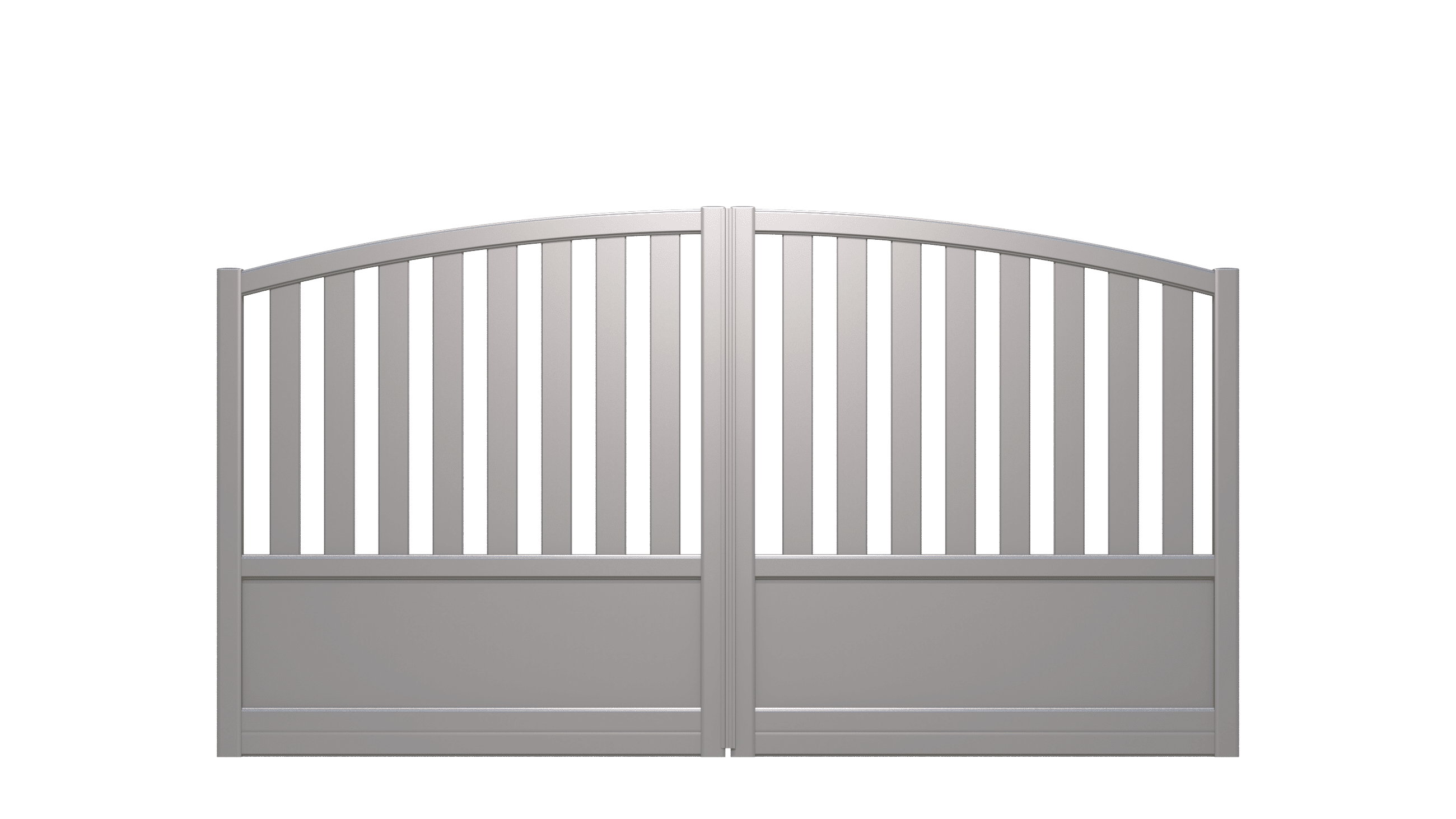 Portail ajouré en aluminium et forme cintrée avec planches moulurées et panneaux - I21903
