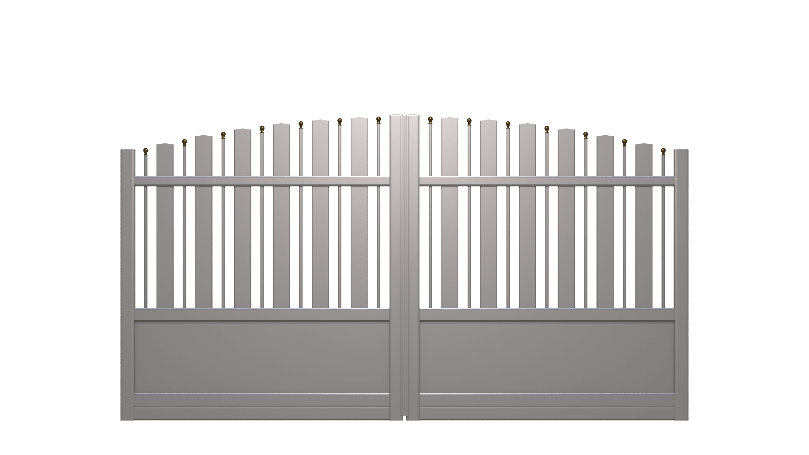 Portail ajouré en aluminium et forme arrondie avec planches et barreaux moulurés - I21937