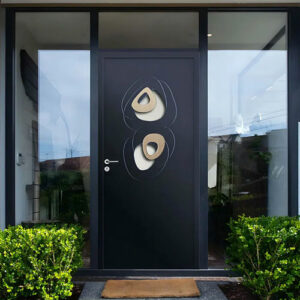 Porte d’entrée aluminium moderne gris anthracite avec hublots design