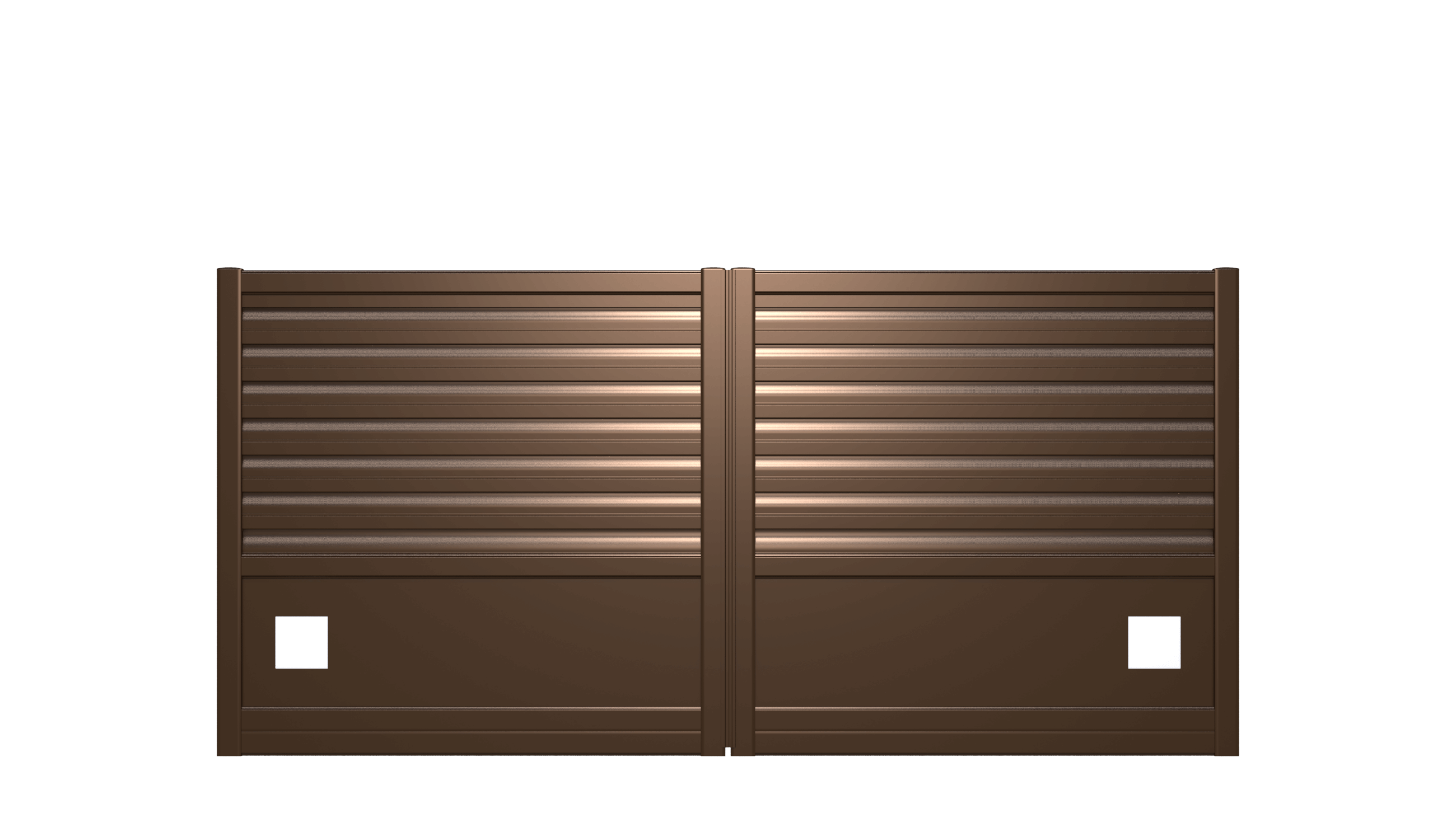 Portail plein en aluminium avec lames brise-vent et panneaux décor carrés - T21953